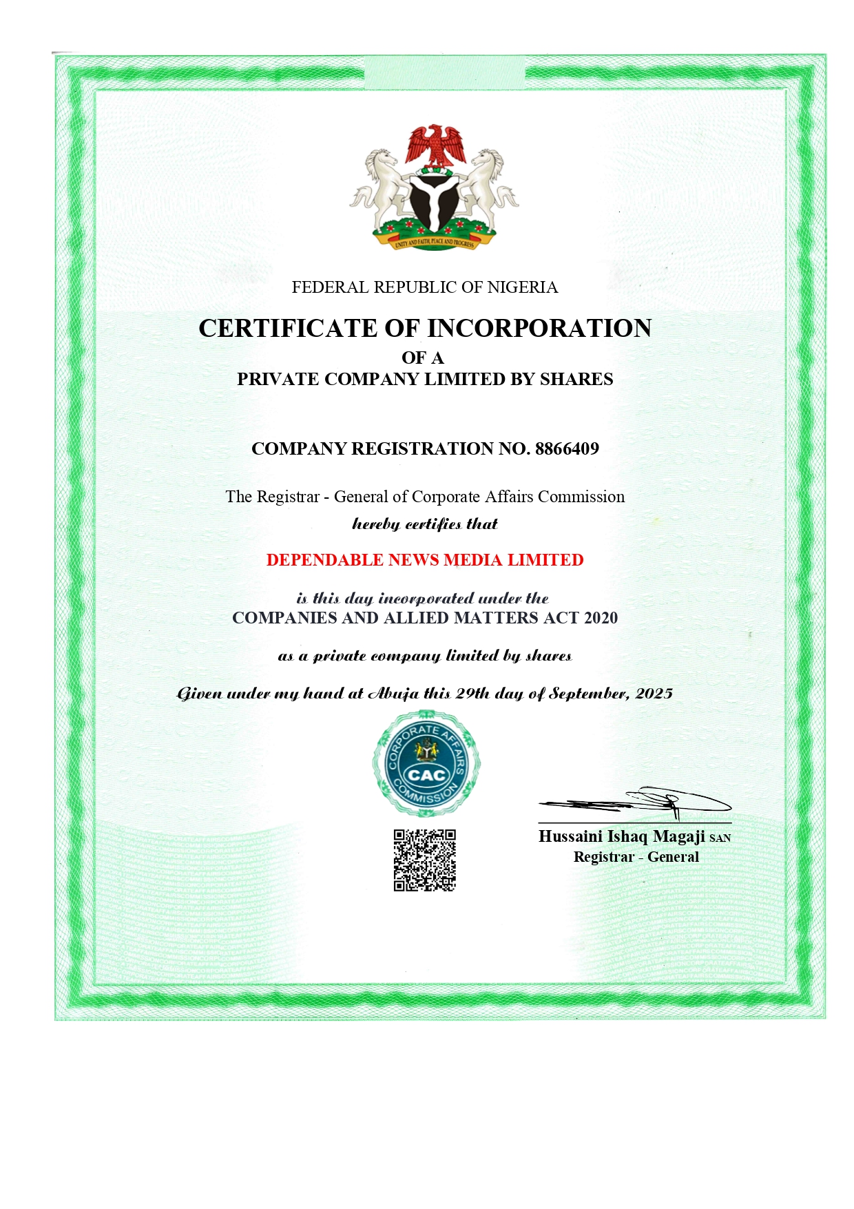 CERTIFICATE DEPENDABLE NEWS MEDIA LIMITED page 0001