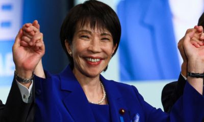 Newly elected Liberal Democratic Party LDP leader Sanae Takaichi celebrates after winning the LDP1