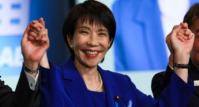 Newly elected Liberal Democratic Party LDP leader Sanae Takaichi celebrates after winning the LDP1